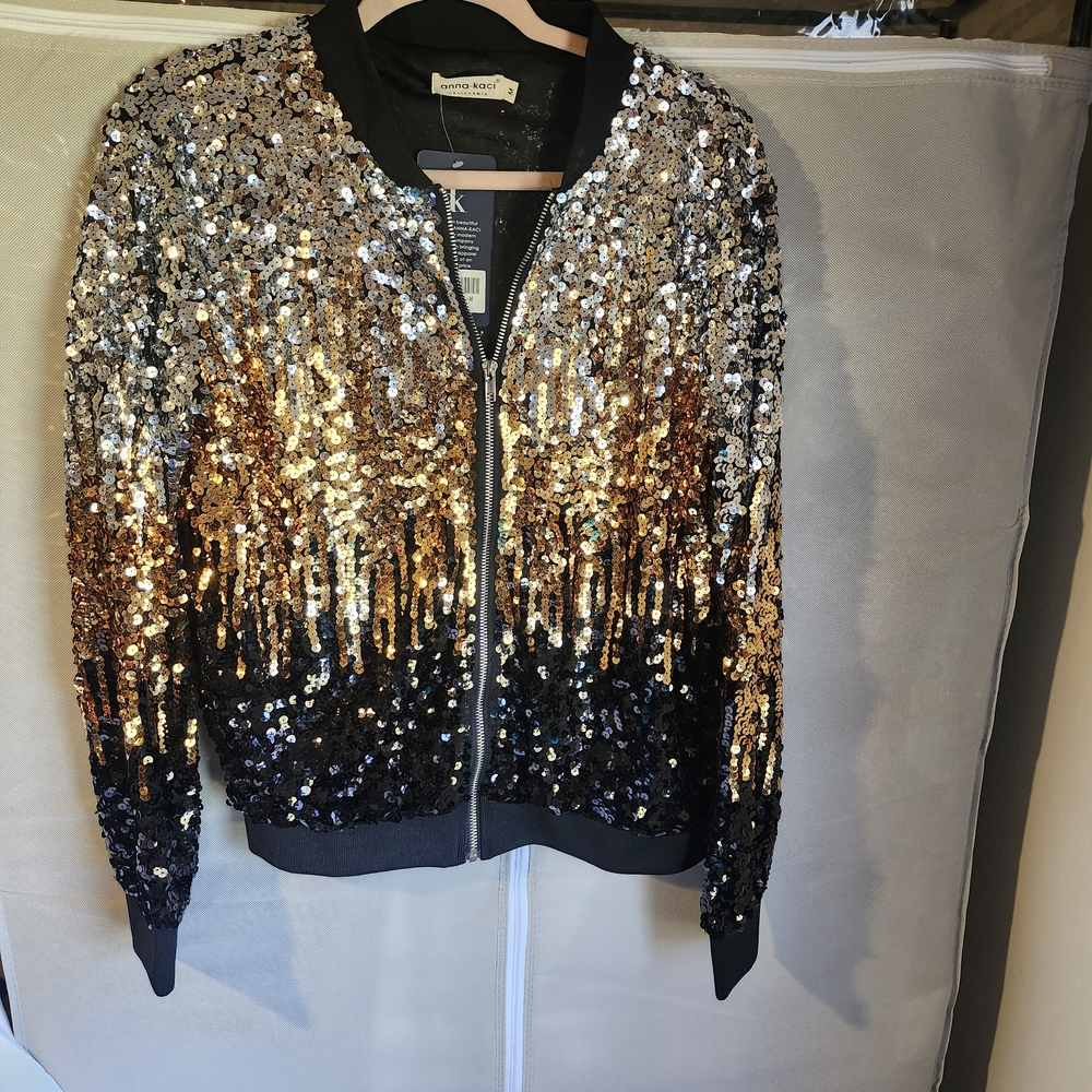 Sequin Bomber Jacket in Black and Gold